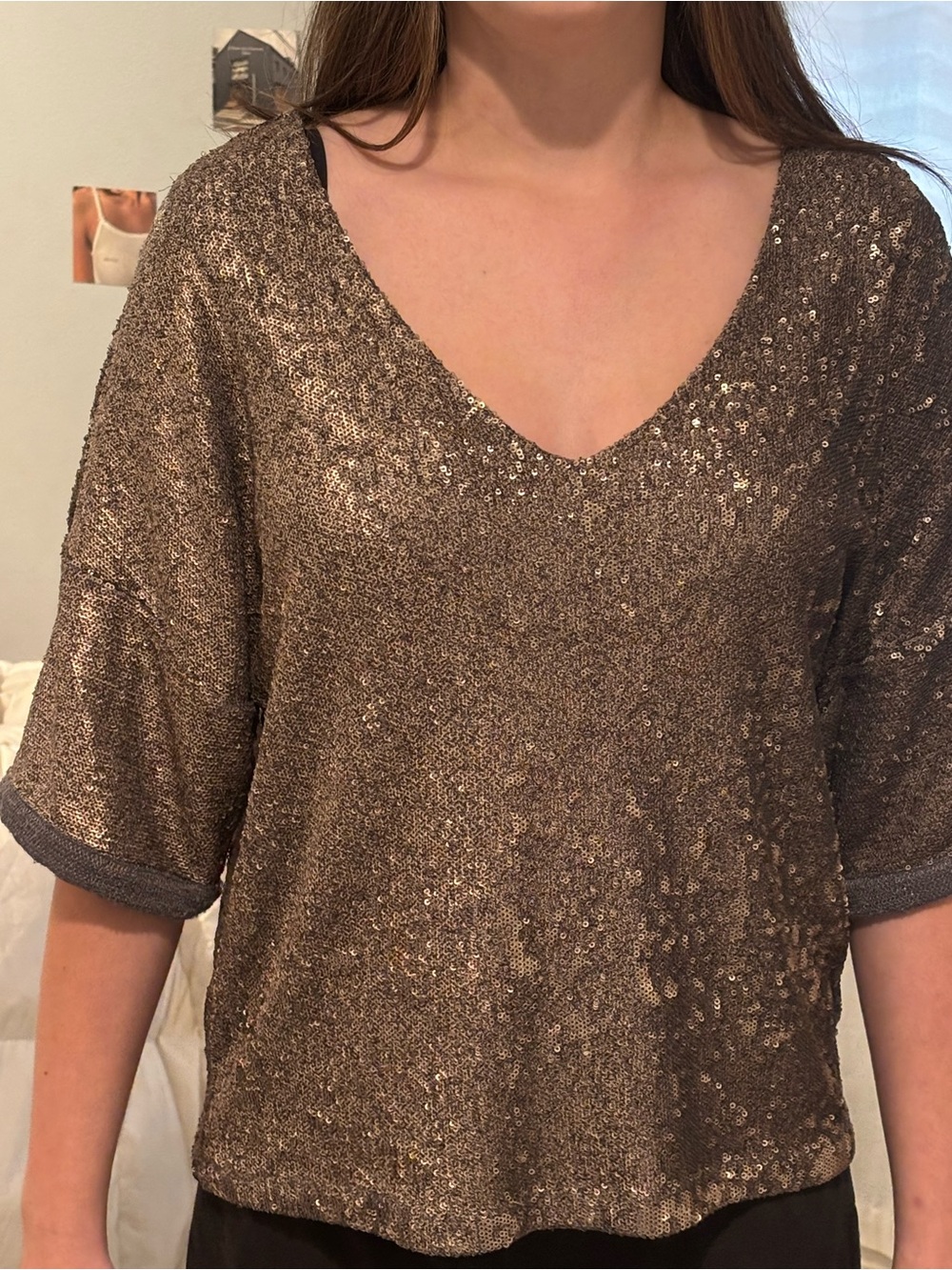 Deletta Metallic Bronze Short Sleeve V-Neck Top
